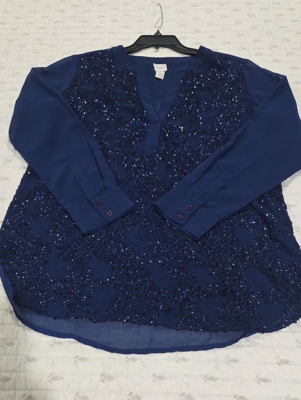 Beautiful Blue Beaded Top By Chicos. V Neck With Sheer Arms & Back, Front Lined. - Picture 10 of 11